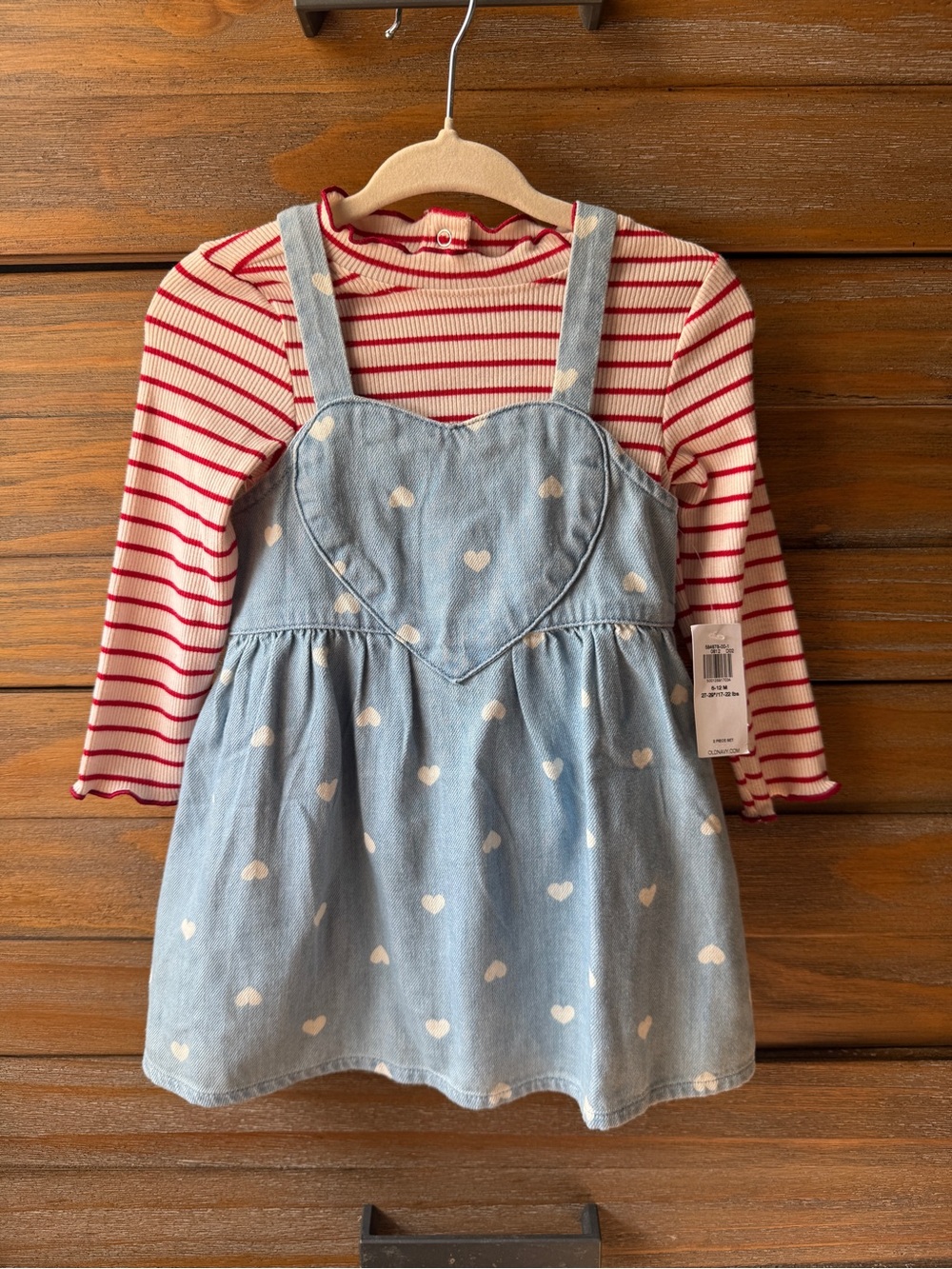 NWT Striped Red & White Top with Denim Heart Pinafore Dress